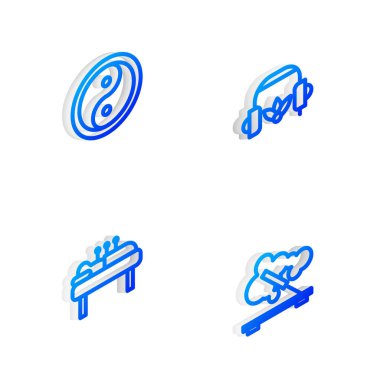 Meditasyon için Isometric Line Kulaklıkları, Yin Yang, Akupunktur terapisi ve Kokulu Spa çubuğu ikonu ayarla. Vektör.