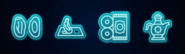 Tarih belirle, Müslüman adam dua etsin, geleneksel halı ve İslami çaydanlık. Parlayan neon ikonu. Vektör.