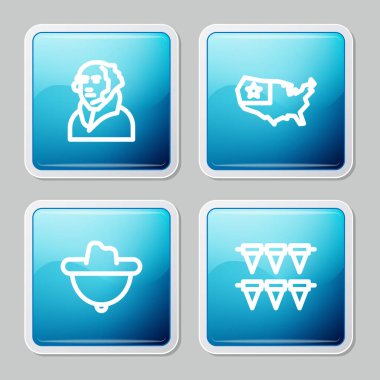 George Washington, ABD haritası, Batılı kovboy şapkası ve bayrak ikonlu karnaval çelengi. Vektör.