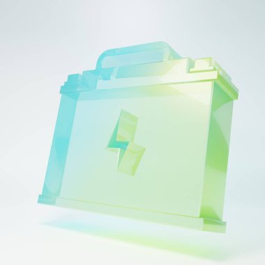 Buzlu cam araba aküsü ikonu beyaz arka planda izole edilmiş. Akümülatör bataryası enerji ve elektrik. Şimşek çaktı. Minimalizm kavramı. 3 Boyutlu resimleme.