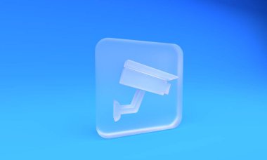 Buzlu cam güvenlik kamerası ikonu mavi arkaplanda izole edilmiş. Kare buzlu cam düğme. 3 Boyutlu resimleme.