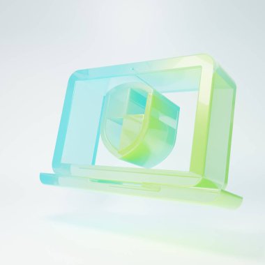 Beyaz arka planda izole edilmiş kalkan ikonu ile korunan buzlu cam dizüstü bilgisayar. Bilgisayar güvenliği, güvenlik duvarı teknolojisi, özel güvenlik. Minimalizm kavramı. 3 Boyutlu resimleme.