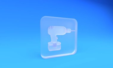 Buzlu cam matkap ikonu mavi arka planda izole edilmiş. Kare buzlu cam düğme. 3 Boyutlu resimleme.