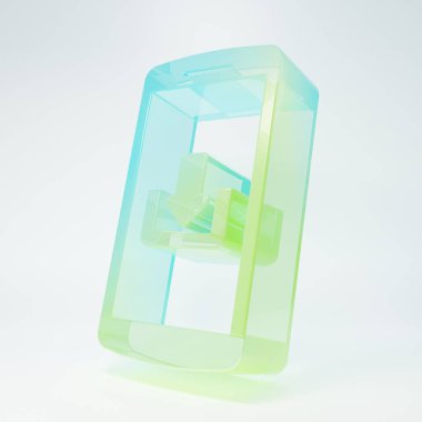 Beyaz arkaplanda izole edilmiş indirme simgesine sahip buzlu cam akıllı telefon. Minimalizm kavramı. 3 Boyutlu resimleme.