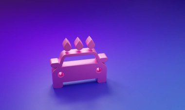 Mor-mavi arka planda pembe araba yıkama ikonu var. Araba yıkama ve su bulutu ikonu. Minimalizm kavramı. 3 Boyutlu resimleme.