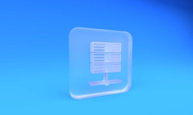 Buzlu cam sunucu, Data, Web sunucu simgesi mavi arkaplanda izole edildi. Kare buzlu cam düğme. 3 Boyutlu resimleme.