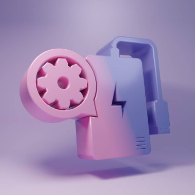 Mor güç bankası, mor arka planda elektrik kablosu ve dişli ikonu var. Uygulama ayarlama, servis konsepti, ayarlama seçenekleri, bakım, onarım. Minimalizm kavramı. 3 Boyutlu resimleme.