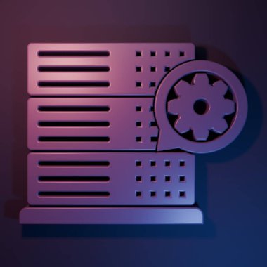 Mor sunucu ve dişli simgesi mor-mavi arkaplanda izole edildi. Uygulama, servis konsepti, ayar seçenekleri, bakım, onarım, onarım. Minimalizm kavramı. 3 Boyutlu resimleme.