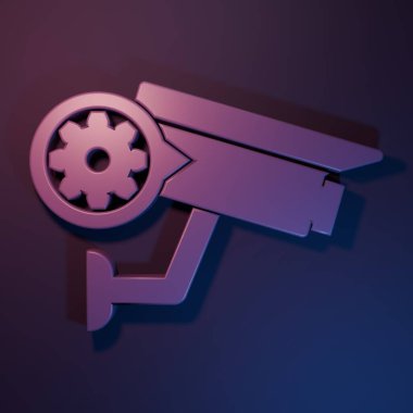 Mor güvenlik kamerası ve dişli ikonu mor-mavi arka planda izole edilmiş. Uygulama, servis konsepti, ayar seçenekleri, bakım, onarım, onarım. Minimalizm kavramı. 3 Boyutlu resimleme.