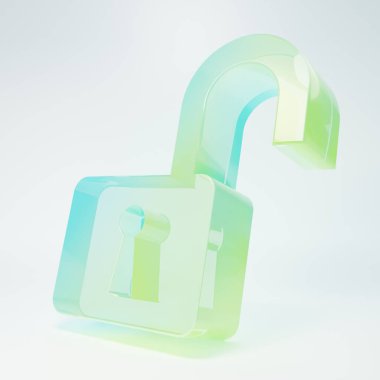 Buzlu cam açık asma kilit simgesi beyaz arkaplanda izole edildi. Kilit açık işareti. Siber güvenlik kavramı. Dijital veri koruması. Güvenlik kilidi. Minimalizm kavramı. 3 Boyutlu resimleme.