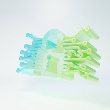 Frosted glass Cyber security icon isolated on white background. Closed padlock on digital circuit board. Safety concept. Digital data protection. Minimalism concept. 3D render illustration.