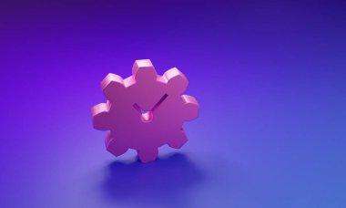 Mor-mavi arkaplanda Pembe Zaman yönetim simgesi izole edildi. Saat ve vites tabelası. Üretkenlik sembolü. Minimalizm kavramı. 3 Boyutlu resimleme.