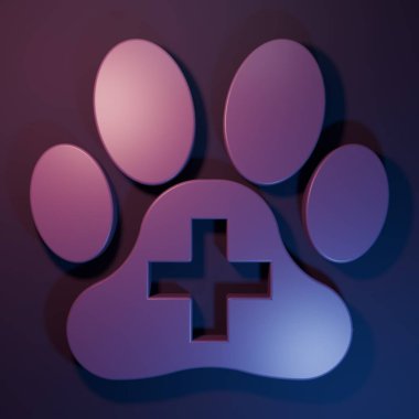 Mor Veterinerlik Kliniği sembolü mor-mavi arka planda izole edilmiş. Çapraz hastane işareti. Tarz sahibi bir köpek ya da kedi. Evcil hayvan ilk yardım işareti. Minimalizm kavramı. 3 Boyutlu resimleme.