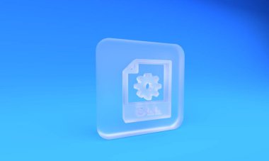 Buzlu cam DLL dosya dökümanı. Dll düğmesi simgesi mavi arkaplanda izole edildi. DLL dosya işareti. Kare buzlu cam düğme. 3 Boyutlu resimleme.