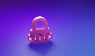 Pembe Parola koruması ve mor-mavi arka planda izole edilmiş güvenlik erişim simgesi. Kilit simgesi. Güvenlik, güvenlik, koruma, gizlilik kavramı. Minimalizm kavramı. 3 Boyutlu resimleme.