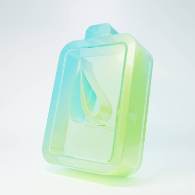 Buzlu cam çevre yaprağı ve batarya ikonu beyaz arka planda izole edilmiş. Enerji, ekoloji tasarruf kavramına dayanır. Minimalizm kavramı. 3 Boyutlu resimleme.