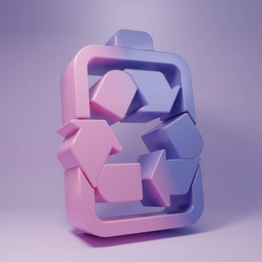 Mor arkaplanda izole edilmiş geri dönüşüm sembolü simgesi olan mor pil. Geri dönüşüm sembollü pil - yenilenebilir enerji konsepti. Minimalizm kavramı. 3 Boyutlu resimleme.