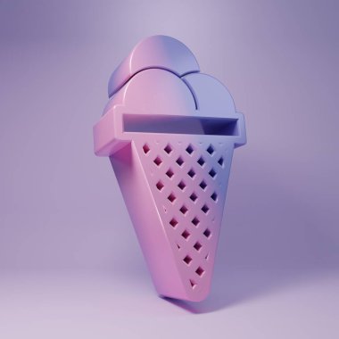 Mor arka planda izole edilmiş waffle konisi ikonunda mor dondurma. Güzel sembol. Minimalizm kavramı. 3 Boyutlu resimleme.