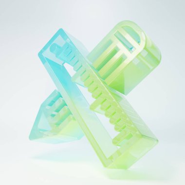 Buzlu cam çaprazlanmış cetvel ve beyaz arka planda izole edilmiş kalem ikonu. Düz sembol. Çizim ve eğitim araçları. Minimalizm kavramı. 3 Boyutlu resimleme.