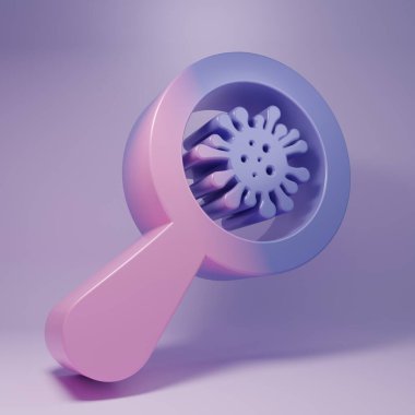 Mor arkaplanda izole edilmiş büyüteç simgesi altındaki mor mikroorganizmalar. Bakteri ve mikroplar, hücre kanseri, mikrop, virüs, mantar. Minimalizm kavramı. 3 Boyutlu resimleme.