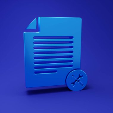 Mavi arkaplanda mavi arkaplan üzerinde tornavida ve anahtar simgesi bulunan Mavi Dosya belgesi. Ayarlama, servis, ayar, bakım, onarım, onarım. Minimalizm kavramı. 3 Boyutlu resimleme.