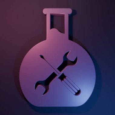 Mor-mavi arka planda izole edilmiş tornavidalı ve anahtar ikonlu mor biyomühendislik. Ayarlama, servis, ayar, bakım, onarım, onarım. Minimalizm kavramı. 3 Boyutlu resimleme.