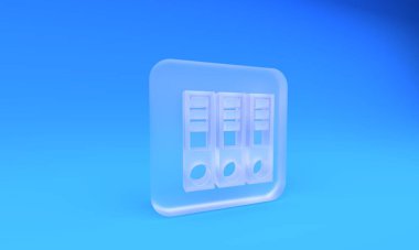 Mavi arkaplanda izole edilmiş kağıt ve belge simgelerinin olduğu buzlu cam ofis klasörleri. Ofis dosyaları. Dosya arşivleme işareti. Kare buzlu cam düğme. 3 Boyutlu resimleme.