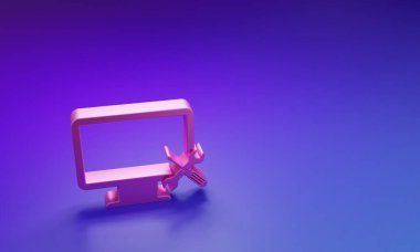 Mor-mavi arka planda izole edilmiş tornavida ve anahtar ikonlu pembe bilgisayar monitörü. Ayarlama, servis, ayar, bakım, onarım, onarım. Minimalizm kavramı. 3 Boyutlu resimleme.