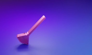 Mor-mavi arkaplanda izole edilmiş yaprak simgesi için pembe bahçe tırmığı. Bahçecilik, tarım, çiftçilik aleti. Toprak işçisi. Minimalizm kavramı. 3 Boyutlu resimleme.