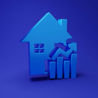 Blue Rising cost of housing icon isolated on blue background. Rising price of real estate. Residential graph increases. Minimalism concept. 3D render illustration.