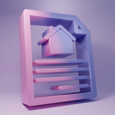 Mor Ev kontrat ikonu, mor arka planda izole edilmiş. Sözleşme oluşturma hizmeti, belge oluşumu, başvuru formu bileşimi. Minimalizm kavramı. 3 Boyutlu resimleme.