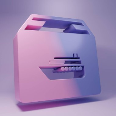 Mor renkli kargo gemisi, mor arka planda izole edilmiş kutu servis ikonu var. Teslimat, ulaşım. Paketleri, kutuları, malları olan bir şilep. Minimalizm kavramı. 3 Boyutlu resimleme.