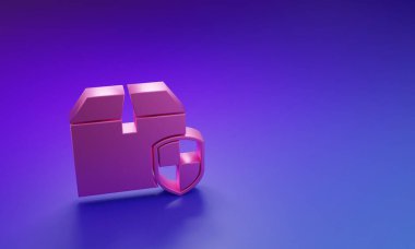 Mor-mavi arka planda izole edilmiş kalkan simgesi olan pembe paket güvenlik sembolü. Teslimat sigortası. Kalkanın ötesinde sigorta kutuları var. Minimalizm kavramı. 3 Boyutlu resimleme.