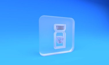 Buzlu cam otobüs bileti ikonu mavi arka planda izole edildi. Toplu taşıma bileti. Kare buzlu cam düğme. 3 Boyutlu resimleme.