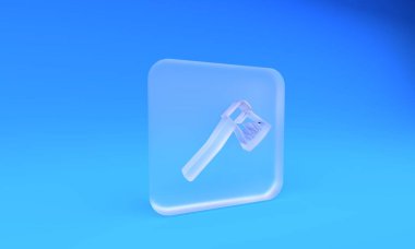 Mavi arka planda izole edilmiş buzlu cam tahta balta ikonu. Oduncu baltası. Kare buzlu cam düğme. 3 Boyutlu resimleme.