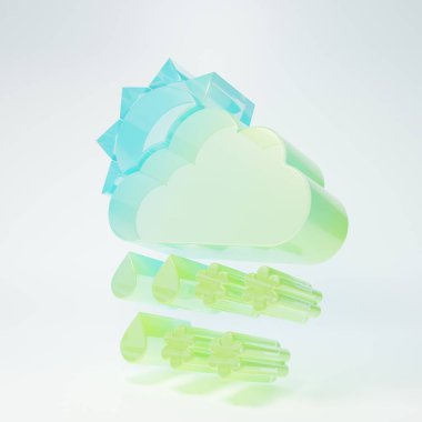 Beyaz zemin üzerinde kar, yağmur ve güneş ikonu olan buzlu cam bulutlar. Hava durumu simgesi. Minimalizm kavramı. 3 Boyutlu resimleme.