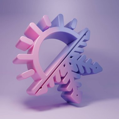 Mor Sıcak ve Soğuk sembolü. Mor arkaplanda izole edilmiş güneş ve kar tanesi ikonu. Kış ve yaz sembolü. Minimalizm kavramı. 3 Boyutlu resimleme.