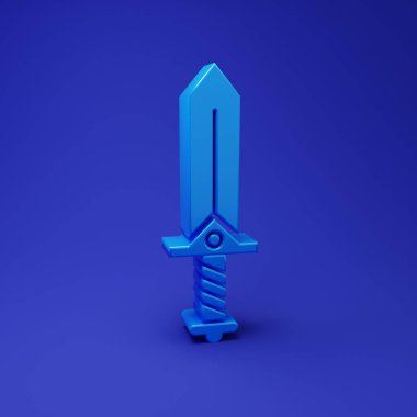Mavi Kılıç oyun simgesi mavi arkaplanda izole edildi. Minimalizm kavramı. 3 Boyutlu resimleme.