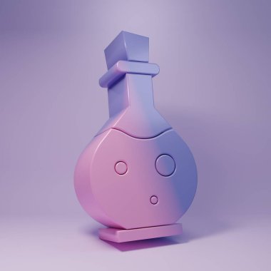 Mor arka planda izole edilmiş sihirli ikon ikonlu mor cam şişe. Bilgisayar oyunu varlığı. Minimalizm kavramı. 3 Boyutlu resimleme.