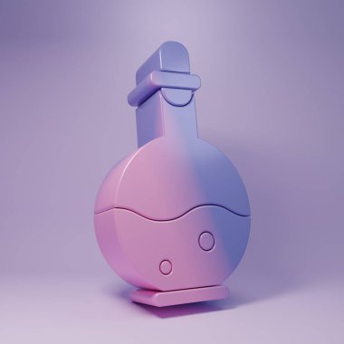 Mor arka planda izole edilmiş sihirli ikon ikonlu mor cam şişe. Bilgisayar oyunu varlığı. Minimalizm kavramı. 3 Boyutlu resimleme.