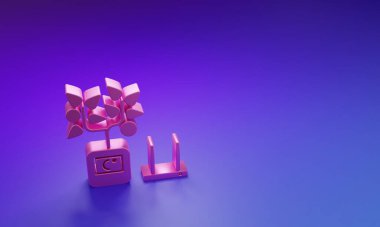 Pembe Akıllı tarım teknolojisi - Uygulama simgesindeki çiftlik otomasyon sistemi mor-mavi arka planda izole edilmiş. Minimalizm kavramı. 3 Boyutlu resimleme.