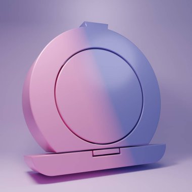 Mor arka planda izole edilmiş ayna ikonu olan mor makyaj tozu. Minimalizm kavramı. 3 Boyutlu resimleme.