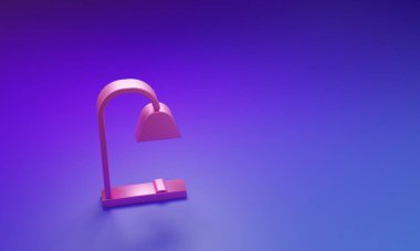 Mor-mavi arkaplanda izole edilmiş pembe masa lambası ikonu. Minimalizm kavramı. 3 Boyutlu resimleme.