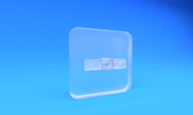 Mavi arka planda izole edilmiş düğmeli çelik toka ikonu olan buzlu cam deri kemer. Kare buzlu cam düğme. 3 Boyutlu resimleme.