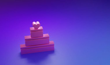 Mor-mavi arka planda kalp ikonu olan pembe düğün pastası. Sevgililer Günü sembolü. Minimalizm kavramı. 3 Boyutlu resimleme.