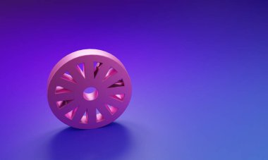 Mor-mavi arka planda izole edilmiş eski pembe ahşap tekerlek simgesi. Minimalizm kavramı. 3 Boyutlu resimleme.