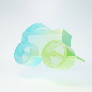 Beyaz arka planda saman ikonu izole edilmiş dört tekerlekli buzlu tahta araba. Minimalizm kavramı. 3 Boyutlu resimleme.