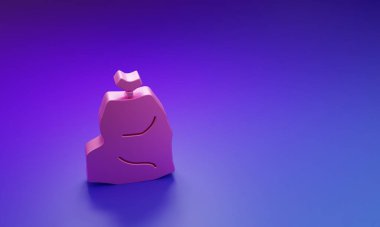 Mor-mavi arka planda izole edilmiş pembe çöp torbası ikonu. Minimalizm kavramı. 3 Boyutlu resimleme.