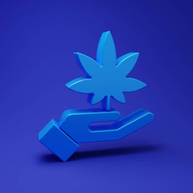 Mavi tıbbi marihuana ya da kenevir yaprağı ikonu mavi arka planda izole edilmiş. Kenevir sembolü. Minimalizm kavramı. 3 Boyutlu resimleme.