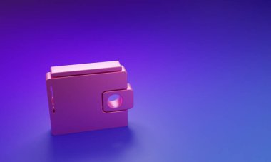 Mor-mavi arkaplanda izole edilmiş pembe cüzdan simgesi. Çanta ikonu. Nakit tasarruf sembolü. Minimalizm kavramı. 3 Boyutlu resimleme.